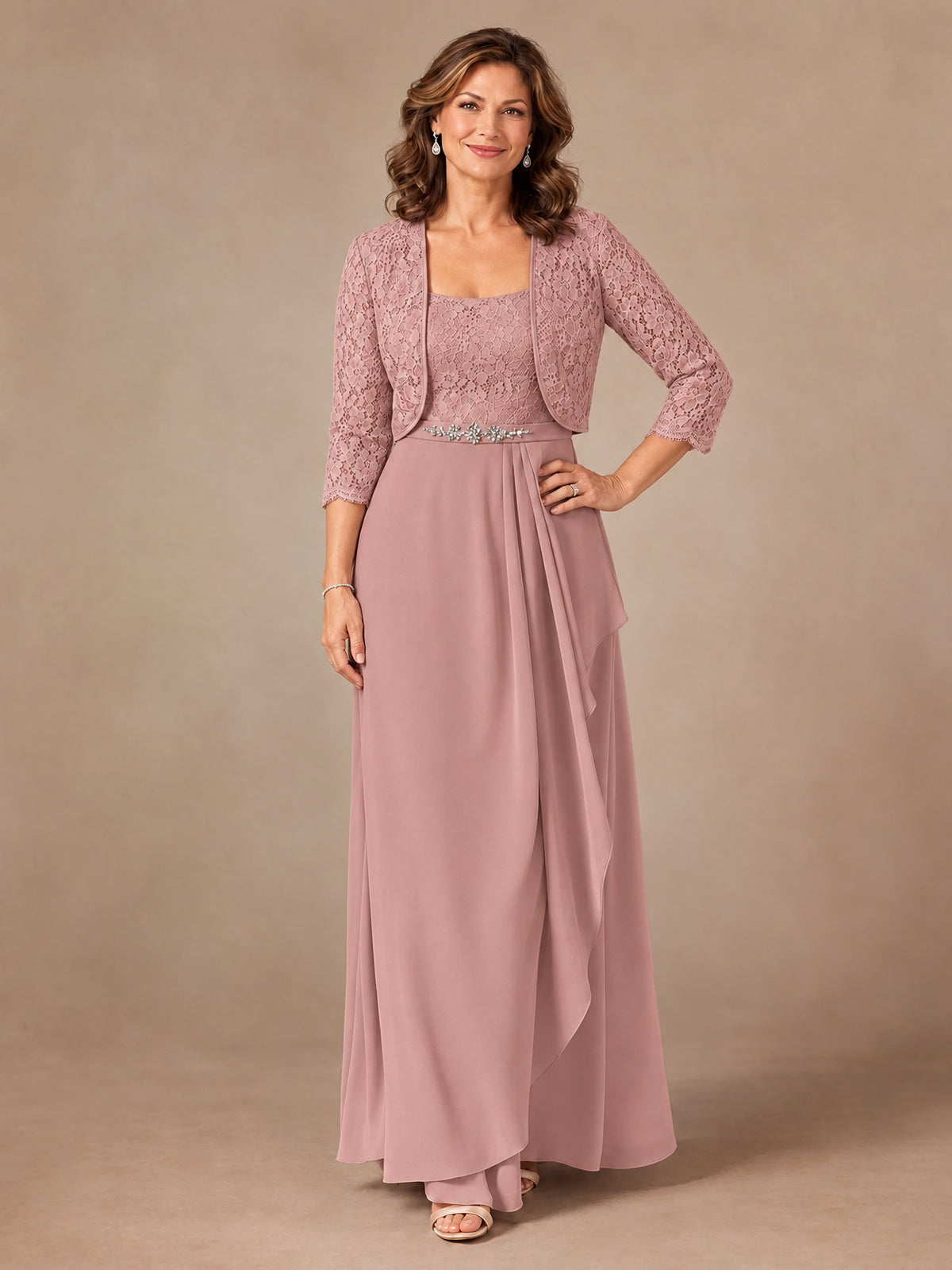 Blush Pink A-Line Mother of the Bride Dress with Lace Jacket and Ruffles