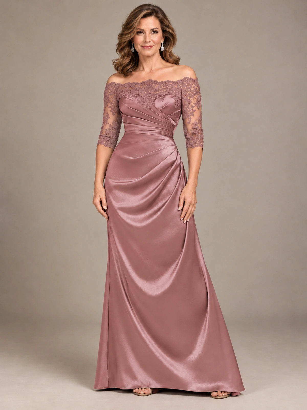 Satin Mother of the Bride Dress with Lace Sleeves Off Shoulder Formal Gown