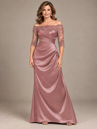 Satin Mother of the Bride Dress with Lace Sleeves Off Shoulder Formal Gown