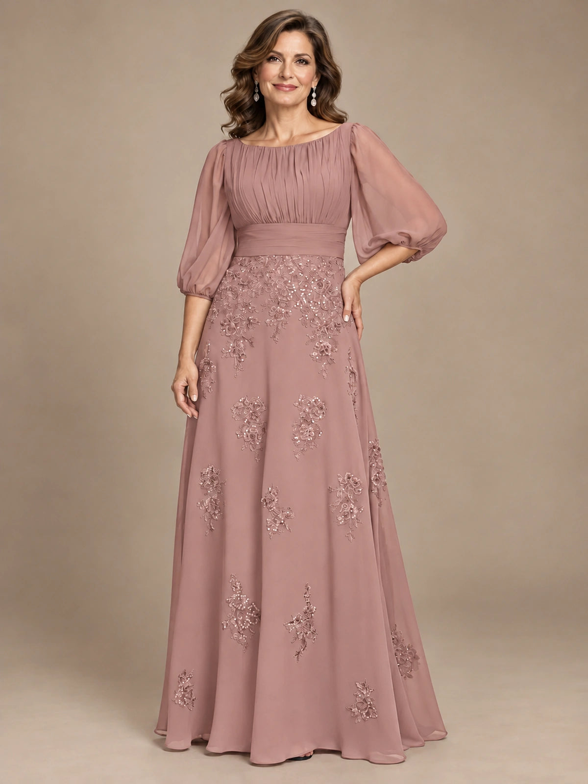 A-Line Mother of the Bride Dress with Sheer Puff Sleeves