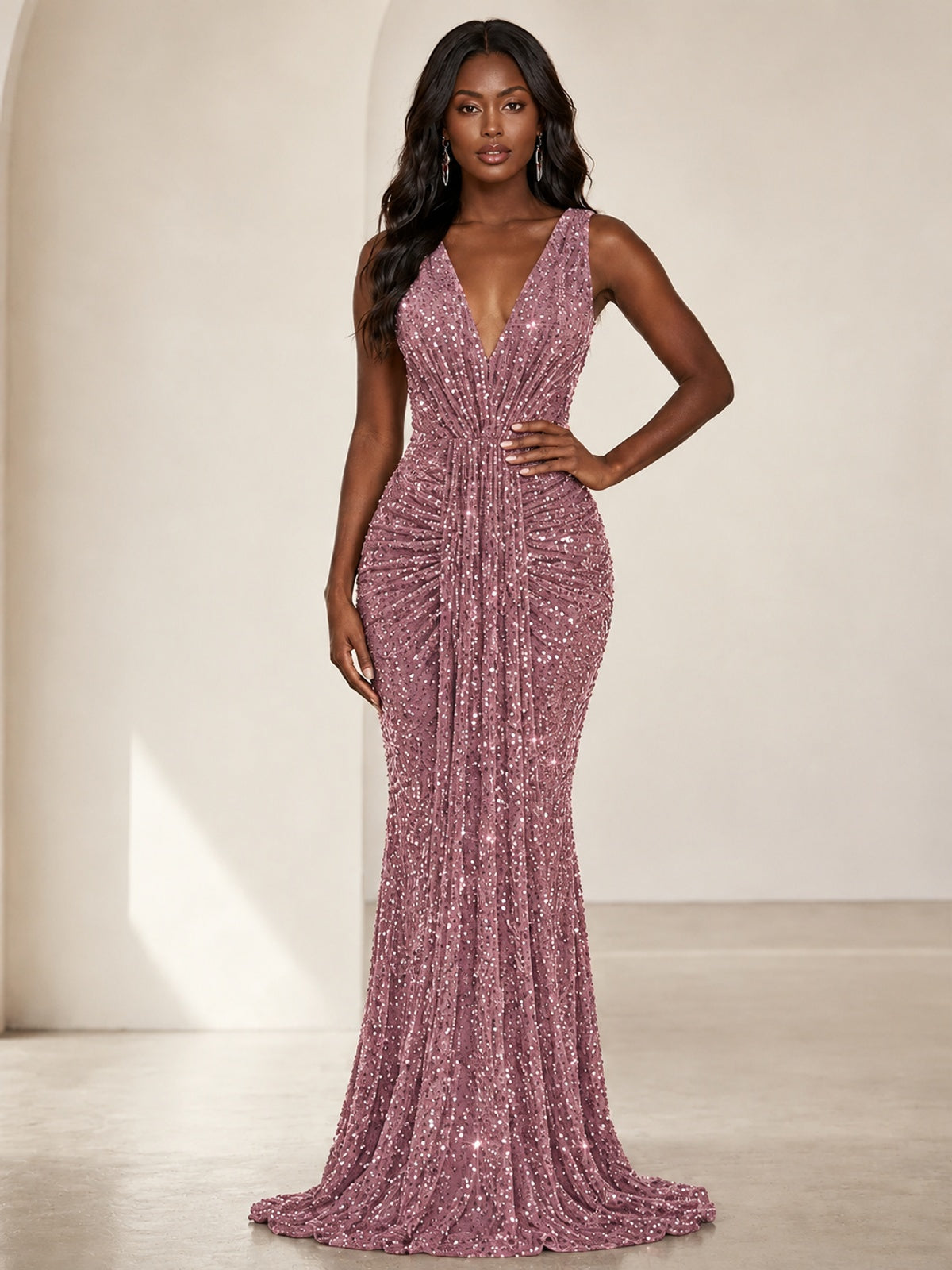 Sequin Mermaid Prom Dress with V-Neck and Ruched Waist