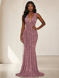 Sequin Mermaid Prom Dress with V-Neck and Ruched Waist