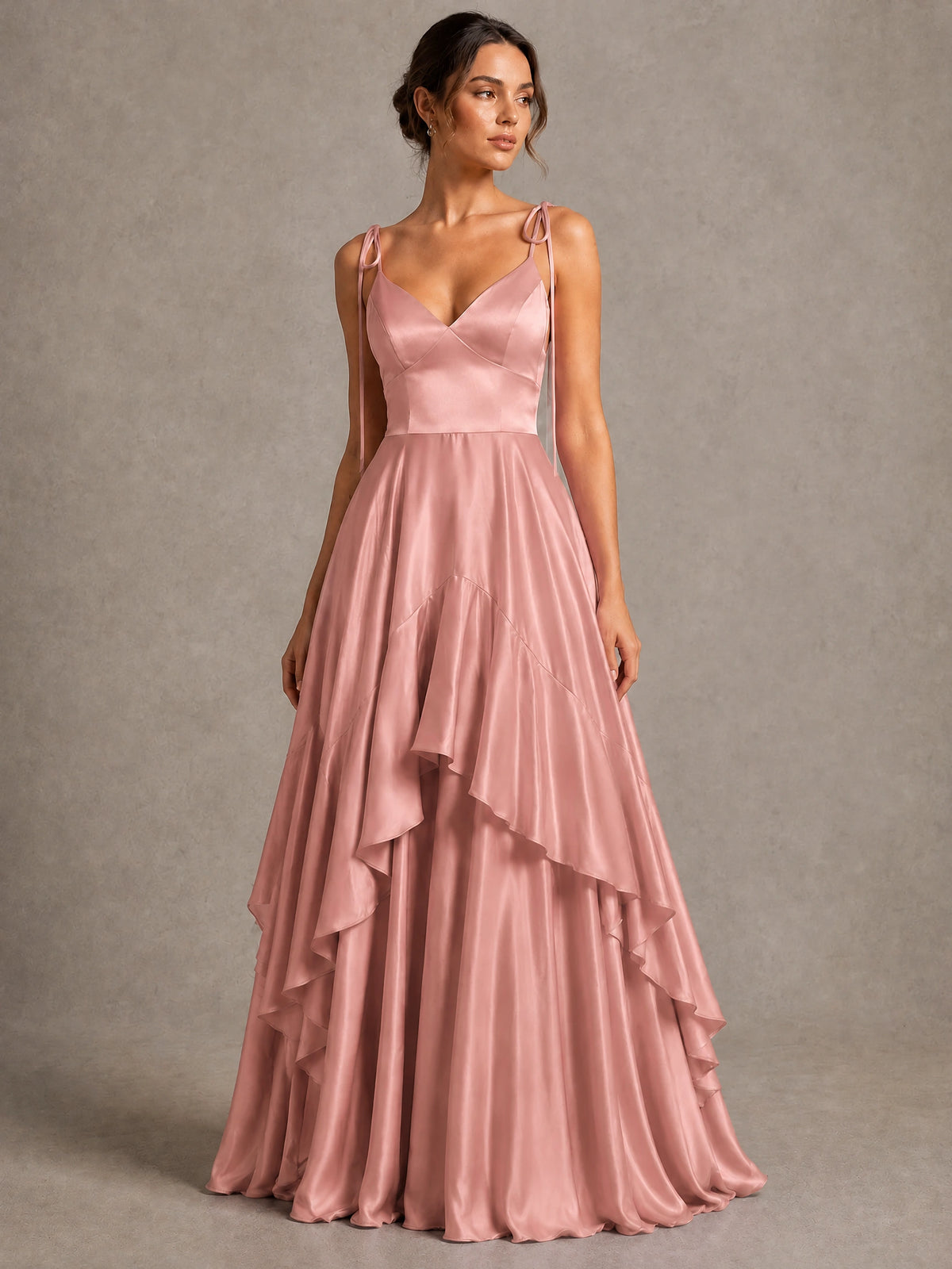 Lavender Satin V-Neck Ruffle Maxi Dress