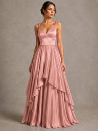 Lavender Satin V-Neck Ruffle Maxi Dress
