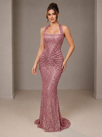 Dusty Rose Halter Sequin Mermiad Ruched Prom Dress Long Ruched Eveing Gown