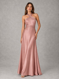 Sage Green Satin A-Line Bridesmaid Dress with Halter Neck
