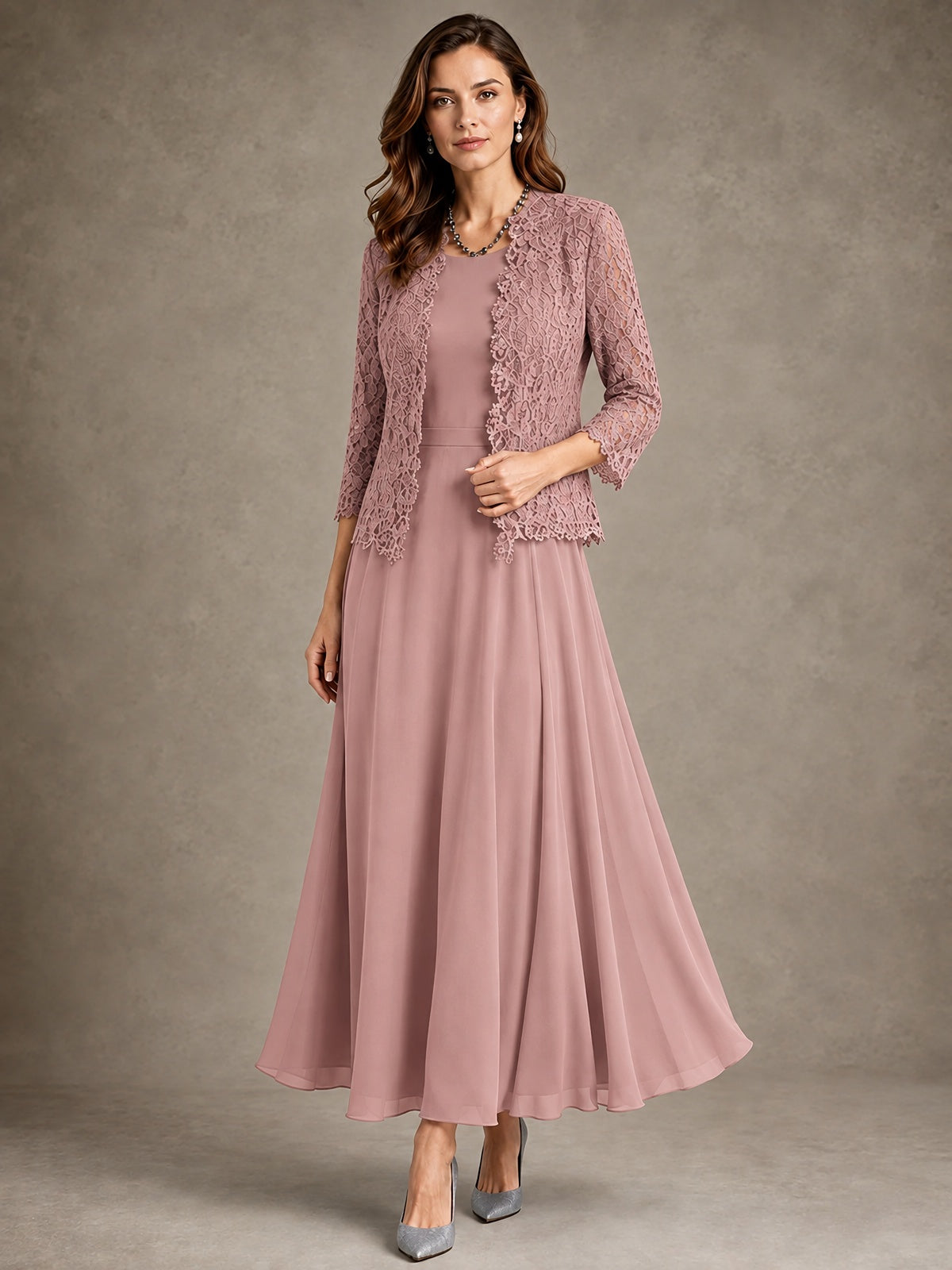 2-Piece Chiffon Mother of the Bride Dress with Lace Jacket