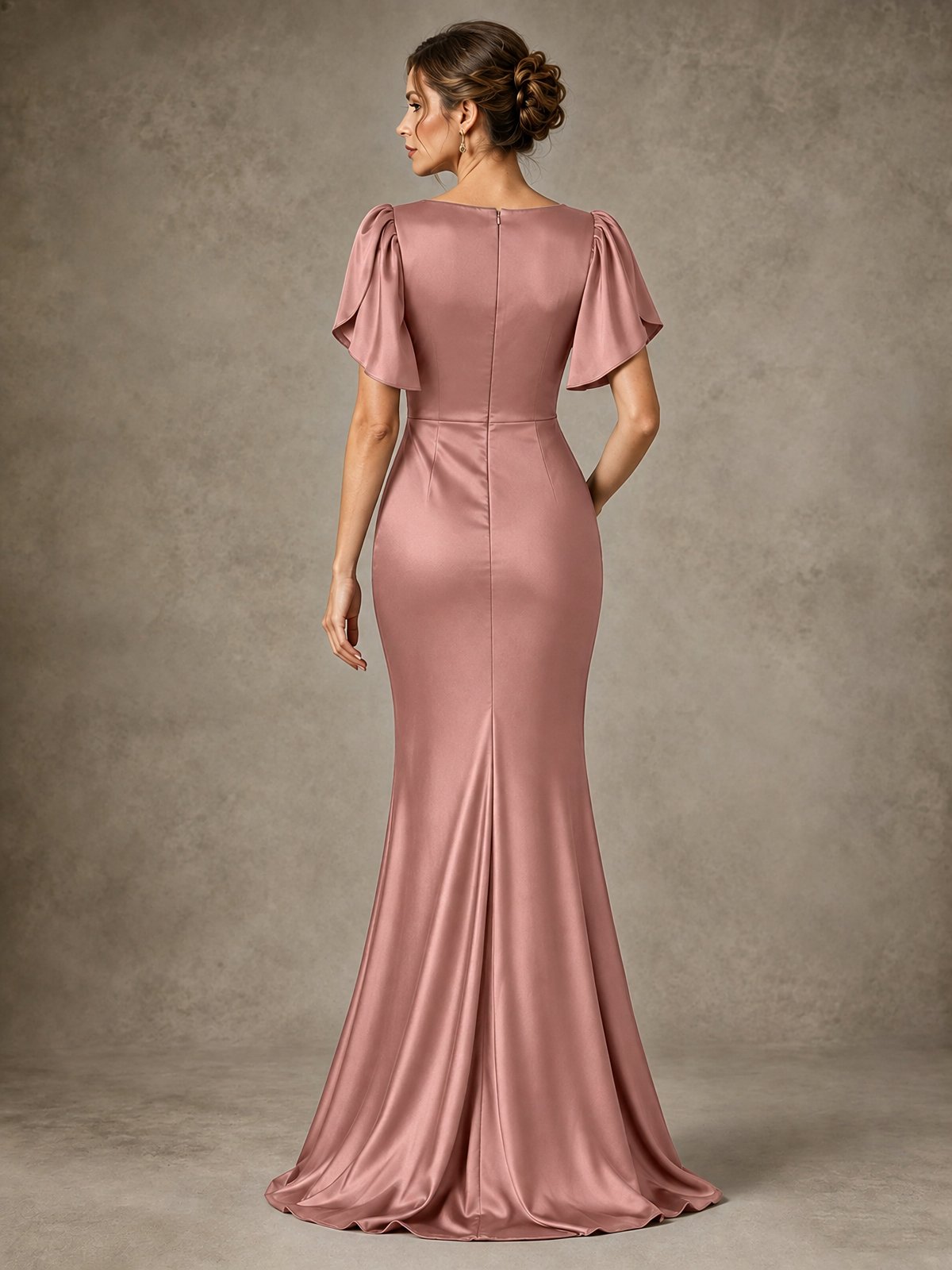 V-Neck Satin Mother of the Bride Dress with Flutter Sleeves