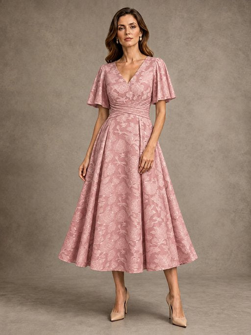 V-Neck Floral Jacquard Tea-Length Mother of the Bride Dress