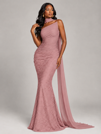 Pleated Chiffon Lace Prom Dresses Long Bodycon Mermaid with Scarf