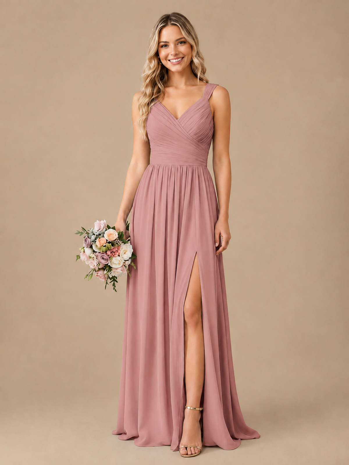 Pleated Chiffon V Neck Wedding Bridesmaid Dresses Floor Length with Slit