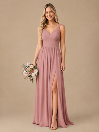 Pleated Chiffon V Neck Wedding Bridesmaid Dresses Floor Length with Slit