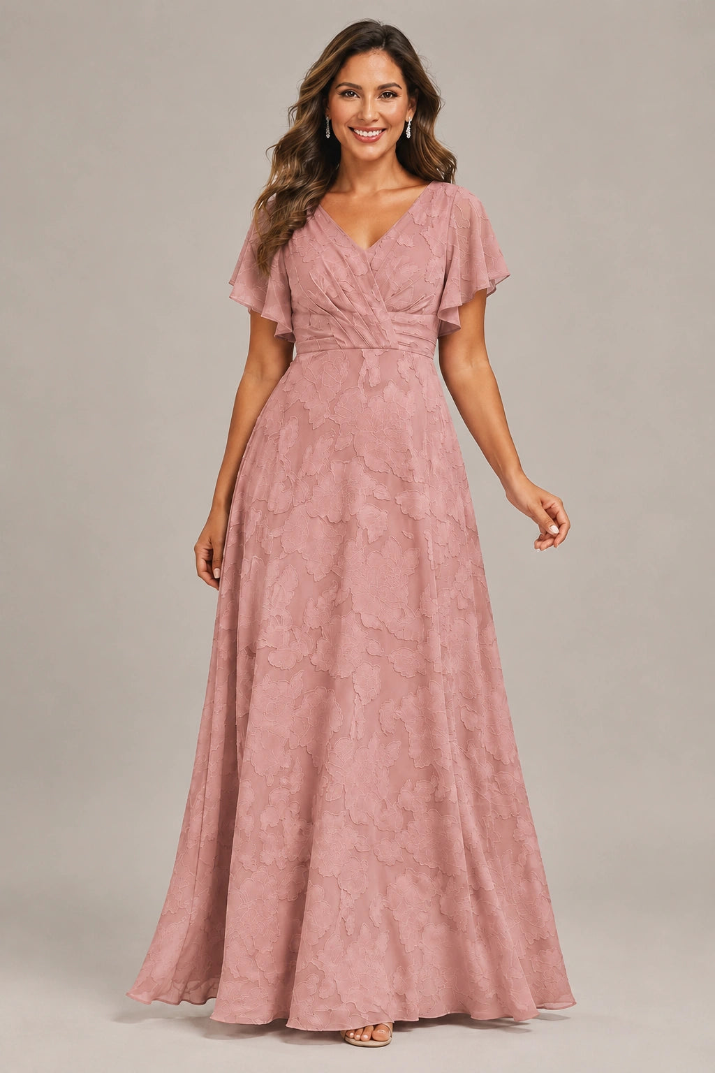Jovellee Floral Chiffon A-Line Mother of the Bride Dress with Flutter Sleeves