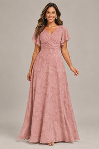 Jovellee Floral Chiffon A-Line Mother of the Bride Dress with Flutter Sleeves