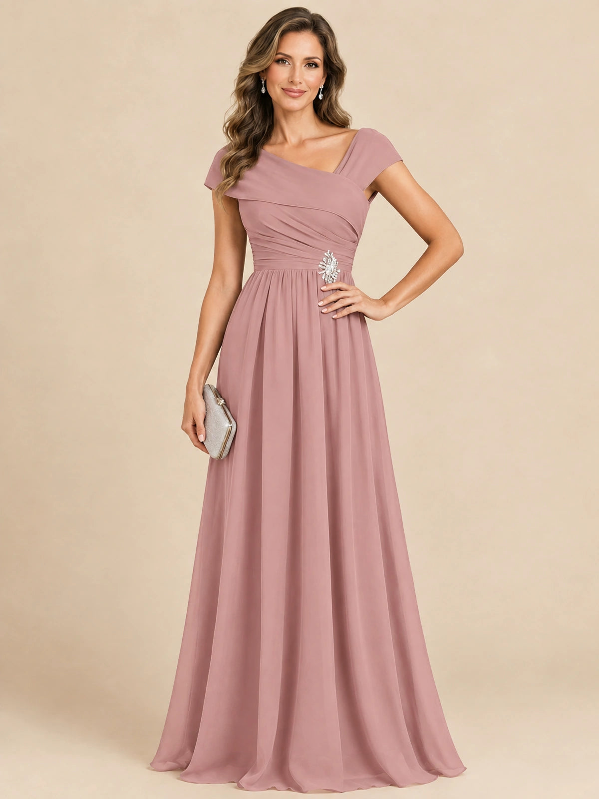Cap Sleeve Mother of The Bride Dresses Long Chiffon Formal Gowns