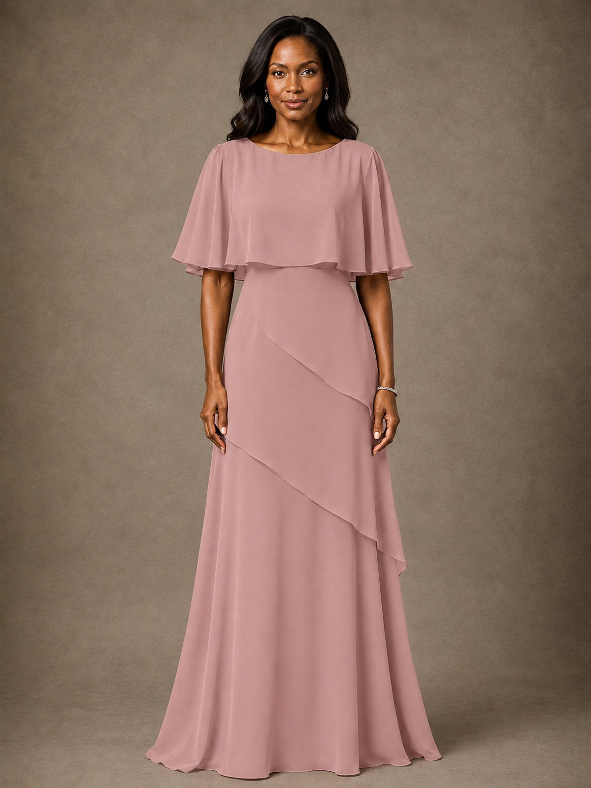 Taupe Chiffon A-Line Mother of the Bride Dress with Cape Sleeves