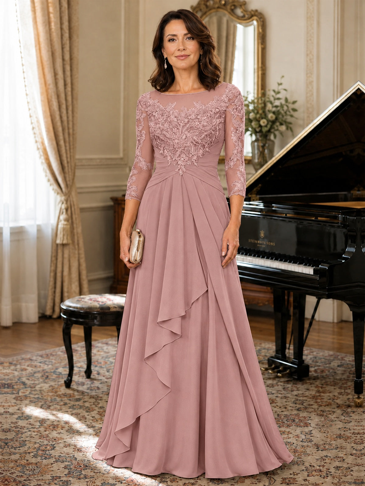 A-Line Chiffon Mother of the Bride Dress with Floral Applique 3/4 Sleeves