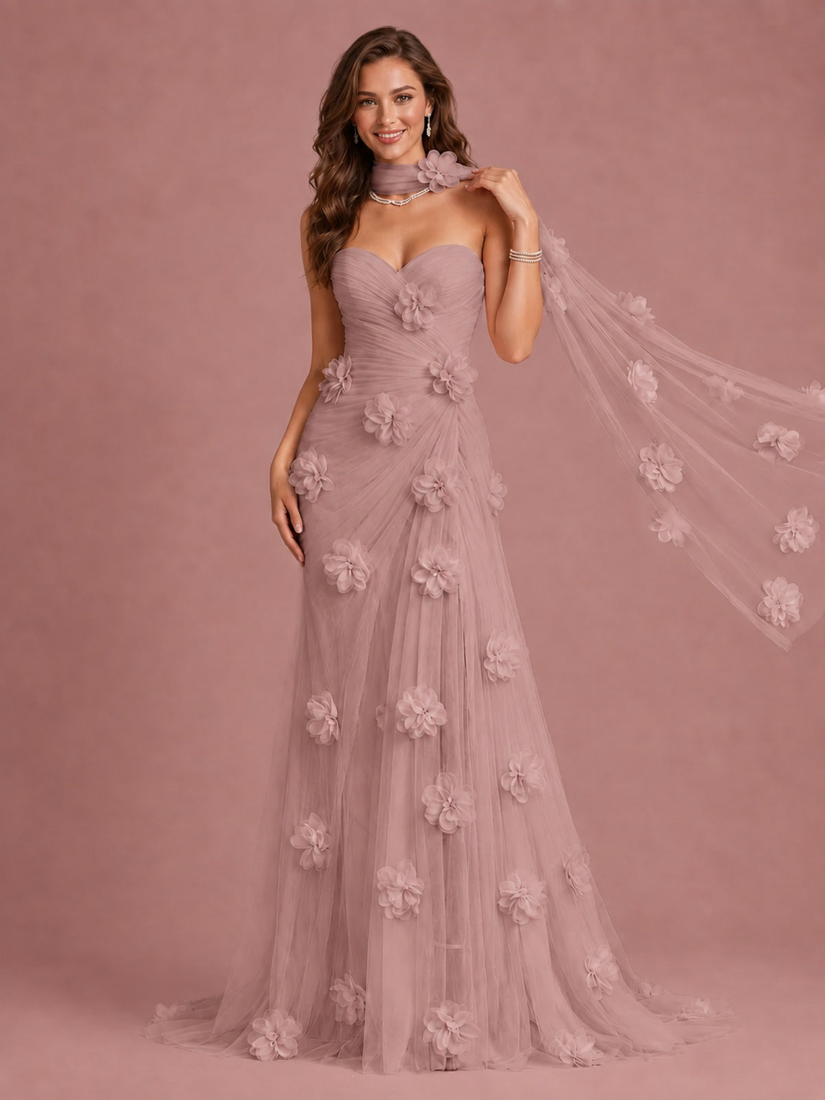 Blush Pink Strapless Sweetheart 3D Floral Tulle Mermaid Prom Dress
