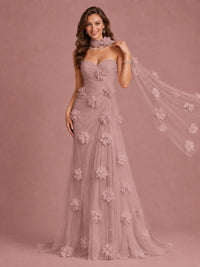Blush Pink Strapless Sweetheart 3D Floral Tulle Mermaid Prom Dress