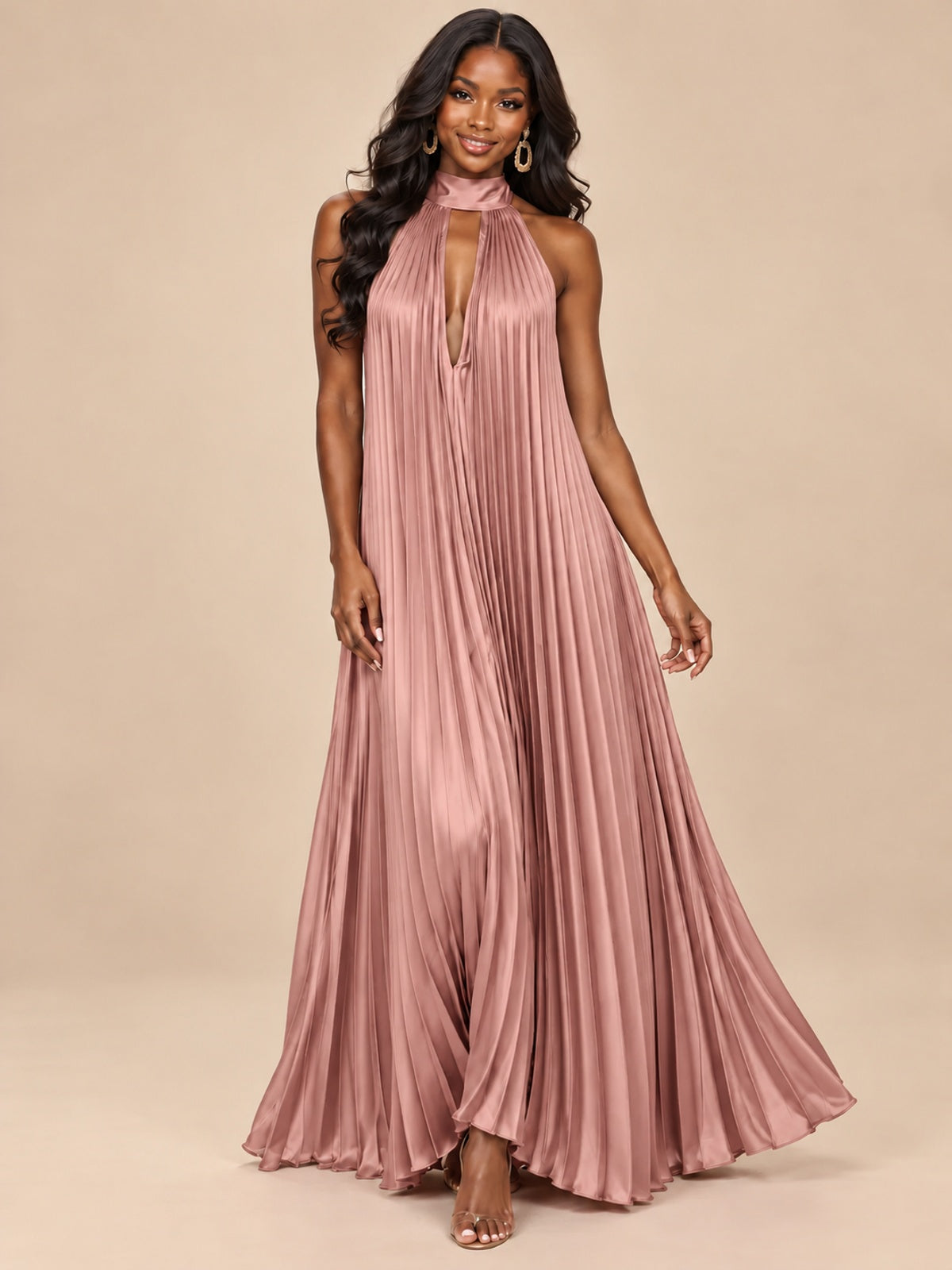 Rust Orange Pleated Halter Neck Maxi Dress