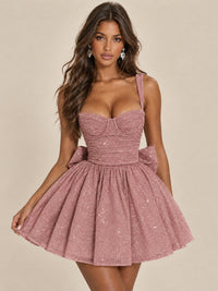 Sweetheart Glitter Tulle Puffy Mini Dress with Bow