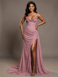 Dusty Rose Strapless Sequin Corset Mermaid Prom Dress with High Slit & Train Sparkly Evening Formal Gown