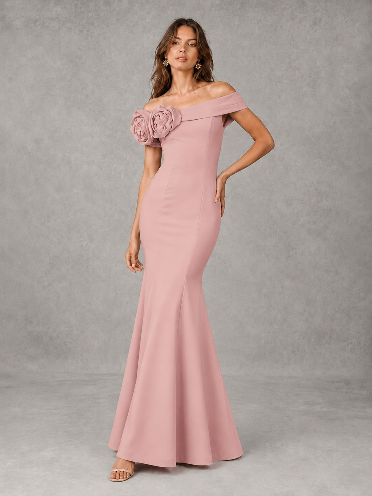 Blush Pink Off Shoulder Mermaid Bridesmaid Dress with Floral Rosette