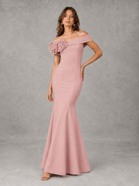 Blush Pink Off Shoulder Mermaid Bridesmaid Dress with Floral Rosette