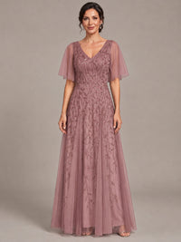 Dusty Rose V-Neck Sequin Tulle Mother of the Bride Dress with Flutter Sleeve A-line Evening Formal Wedding Guest Dress