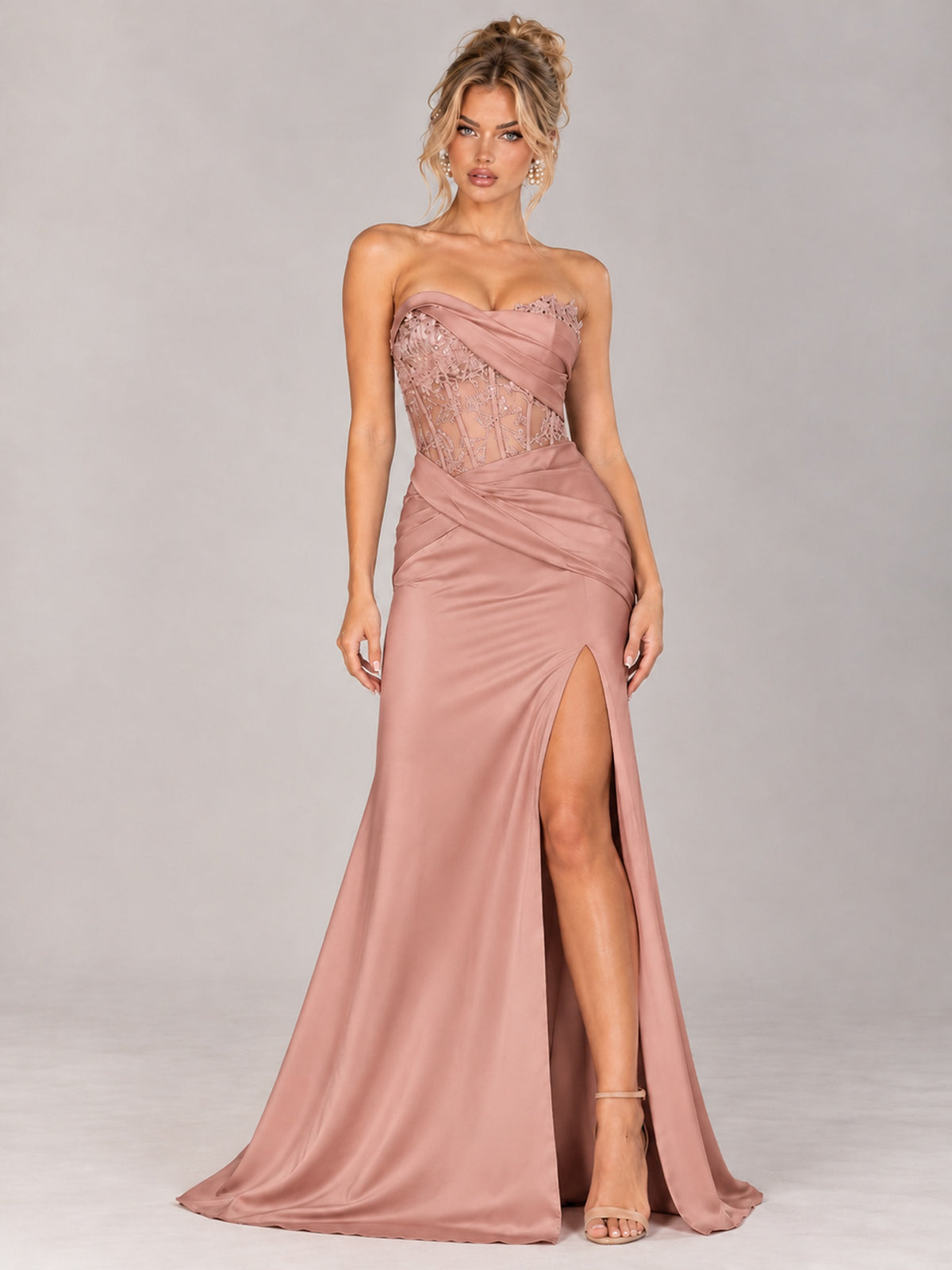 Strapless Satin Prom Dress with Sheer Lace Corset & High Slit