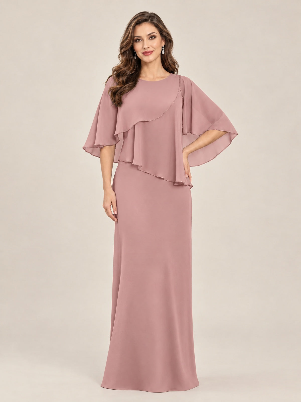 Dusty Rose-Chiffon 2 Piece A Line Mother of The Bride Dresses with Cape