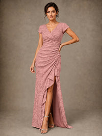 V-Neck Floral Jacquard Mother of the Bride Dress with Slit