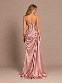 Dusty Blue Strapless Satin Prom Dress with Ruched Bodice and Slit
