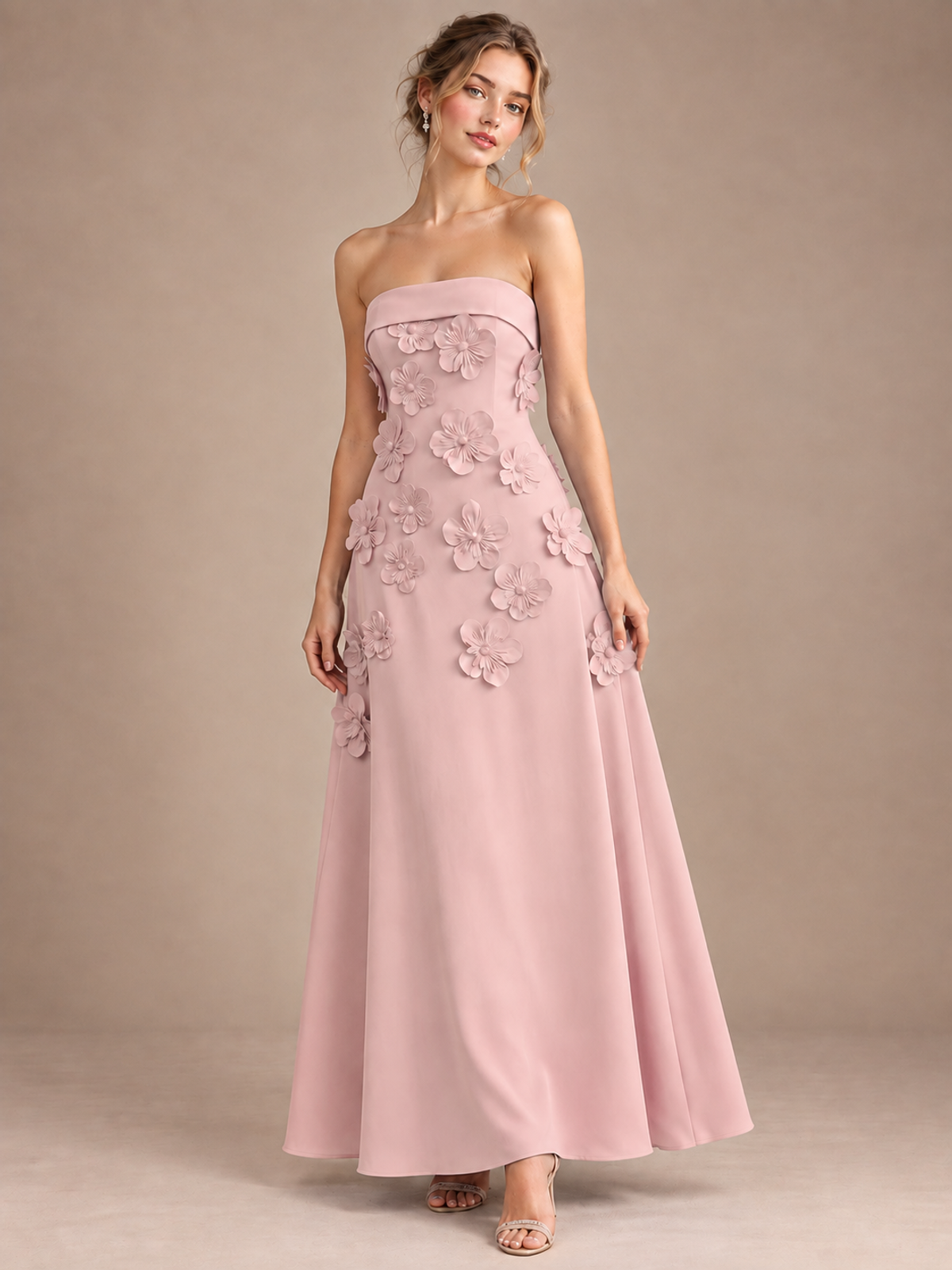 Dusty Rose Strapless 3D Floral Appliques Maxi Dress