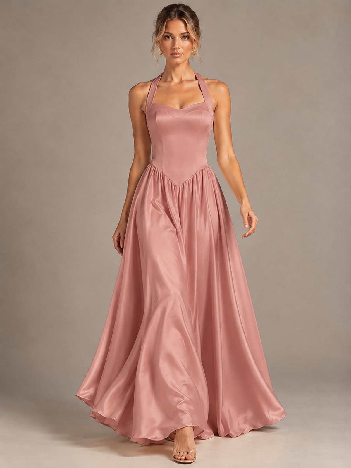 Light Yellow Halter Neck Satin A-Line Maxi Dress with Pockets