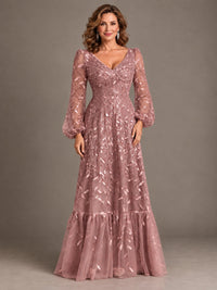 Floral Sequin Embroidered A-Line Mother of the Bride Dress with Long Sleeves