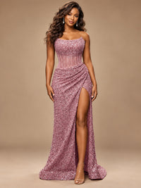 Gold Sequin Strapless Corset Prom Dress with High Slit