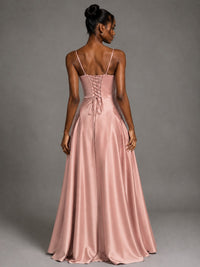 Lavender V Neck Satin Prom Dress with Spaghetti Straps