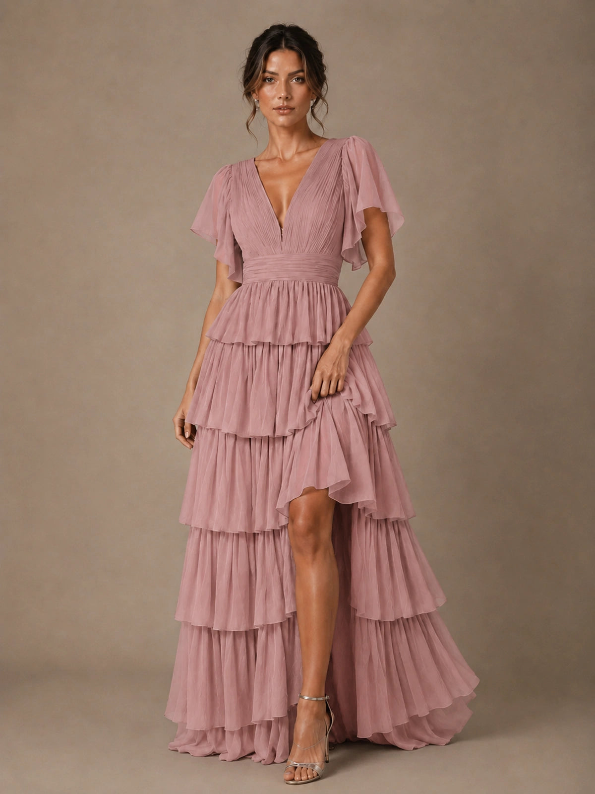 Chiffon V-Neck Tiered Ruffle Bridesmaid Dress with Slit