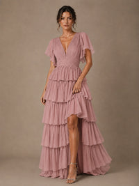 Chiffon V-Neck Tiered Ruffle Bridesmaid Dress with Slit