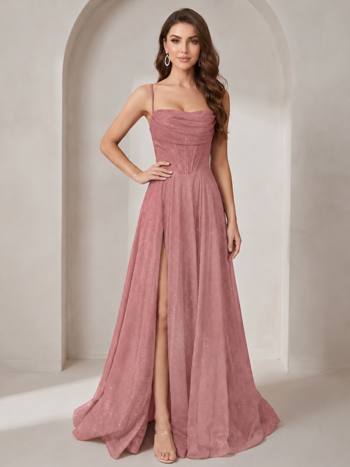 Dusty Rose Sparkly Cowl Neck Corset Long Prom Dress with Slit A-line Tulle Ball Gown Formal Evning Party Dress