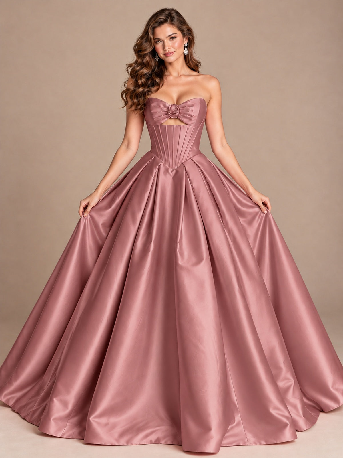 Pink Strapless Corset Satin Prom Derss & Ball Gown with 3D Floral