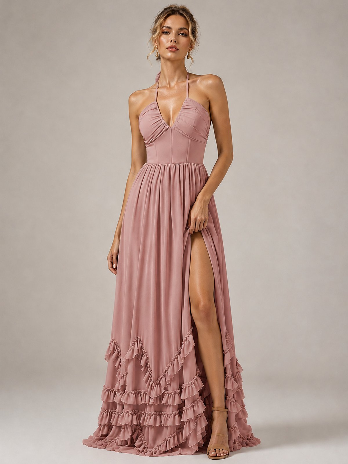 Halter V Neck Chiffon Formal Dress with Lace-Up Back and Ruffle Hem
