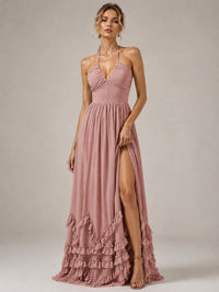 Halter V Neck Chiffon Formal Dress with Lace-Up Back and Ruffle Hem