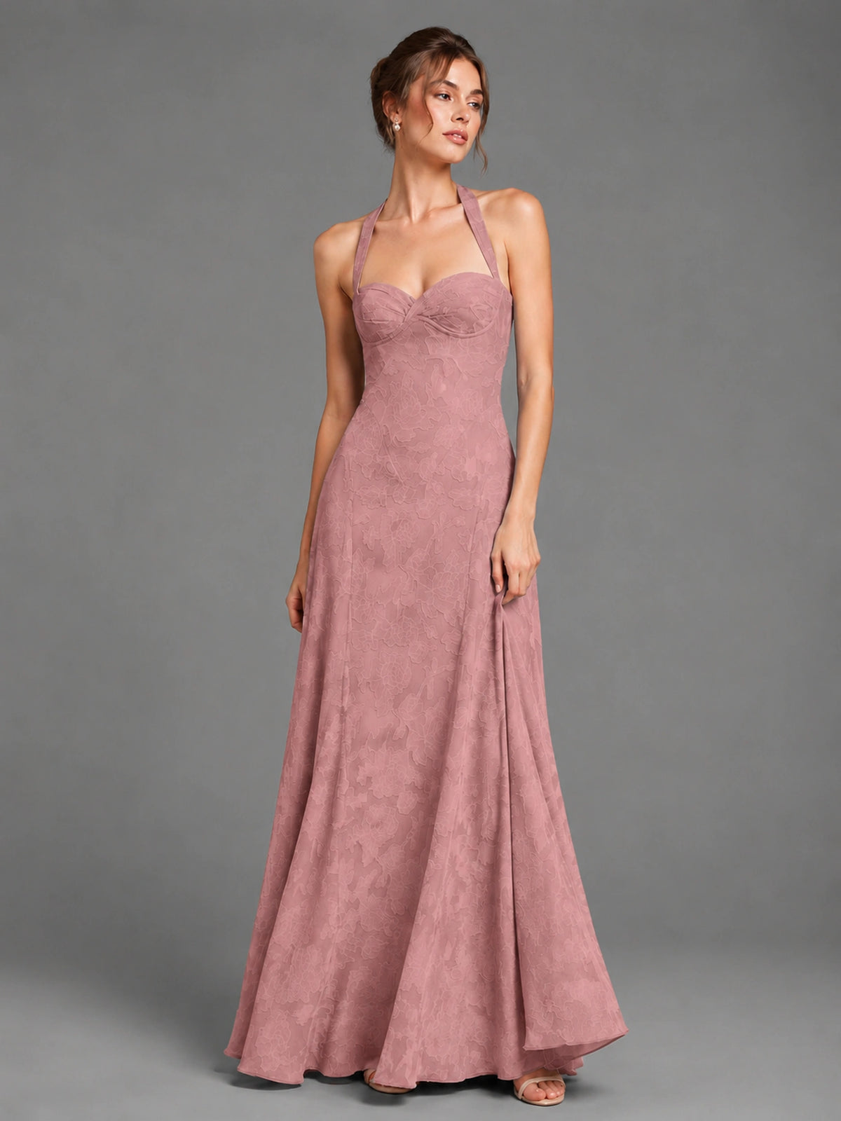 A-Line Halter Floral Chiffon Maxi Dress