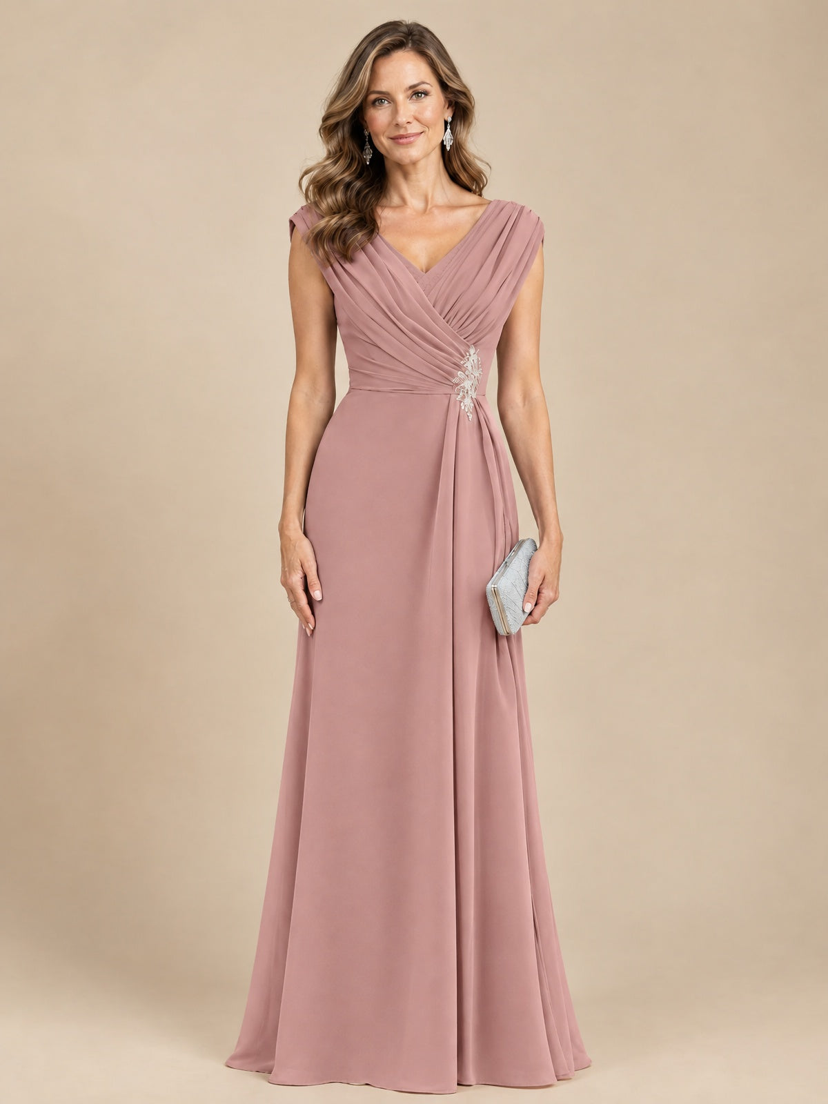 V Neck Pleated Mother of The Bride Dresses with Beading Cap Sleeves