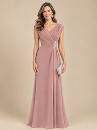 V Neck Pleated Mother of The Bride Dresses with Beading Cap Sleeves