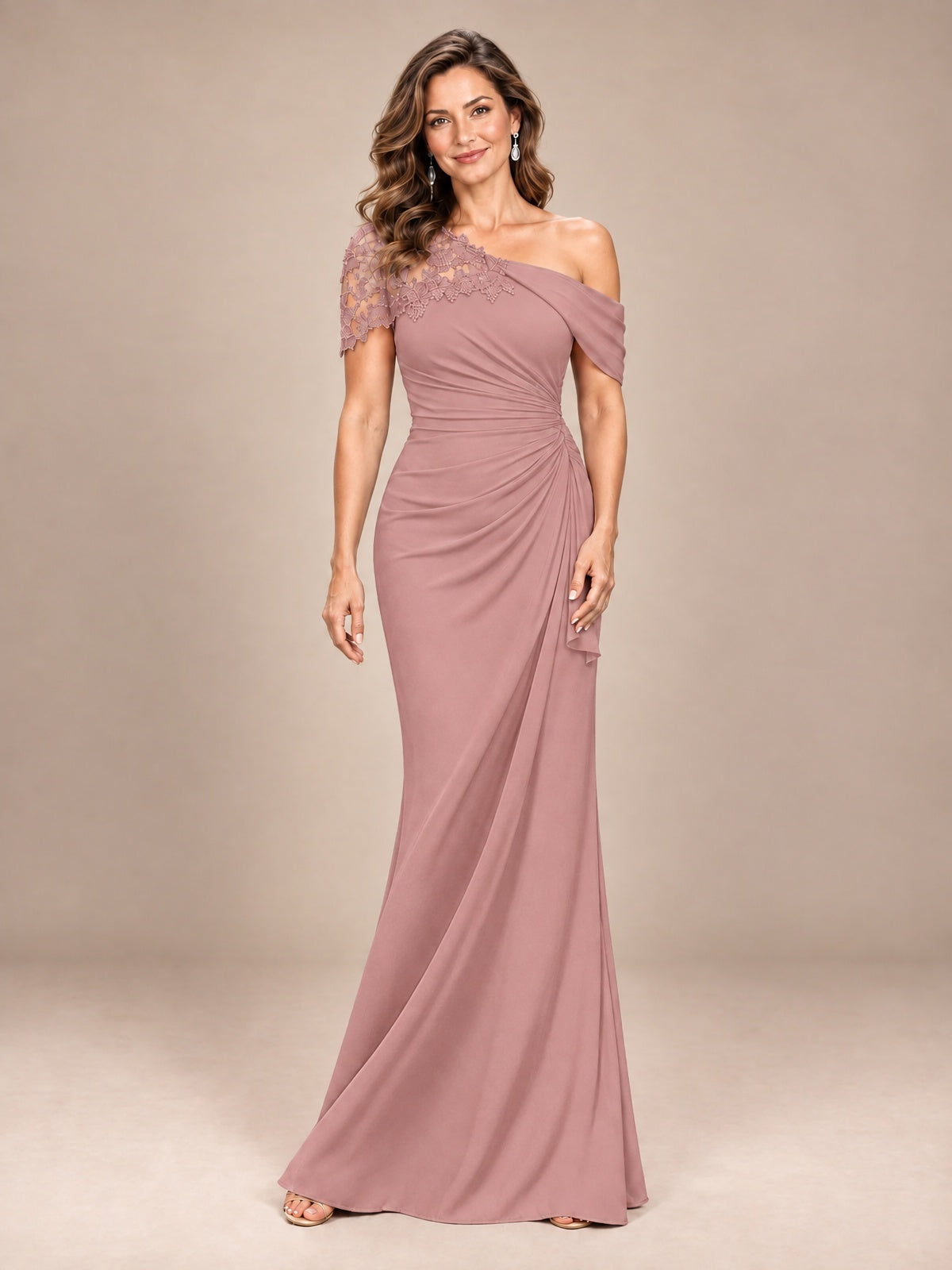 Dusty Rose-Lace One Shoulder Chiffon Ruched Mother of The Bride Dresses