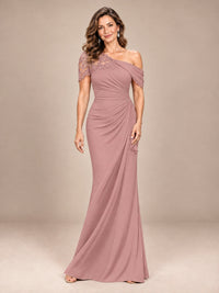 Dusty Rose-Lace One Shoulder Chiffon Ruched Mother of The Bride Dresses