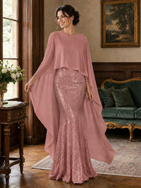 Sequin 2 Pieces Mother of the Bride Dress with Cap Sleeves Chiffon Formal Gowns